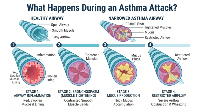 Flat vector infographic showing airway inflammation, bronchospasm, excess mucus, and restricted airflow during an asthma attack.
