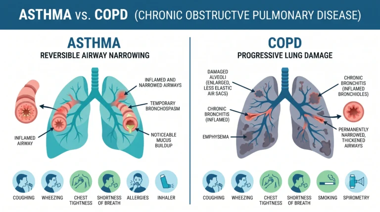 Asthma vs COPD comparison infographic showing differences in lung damage, symptoms, causes, and treatment.