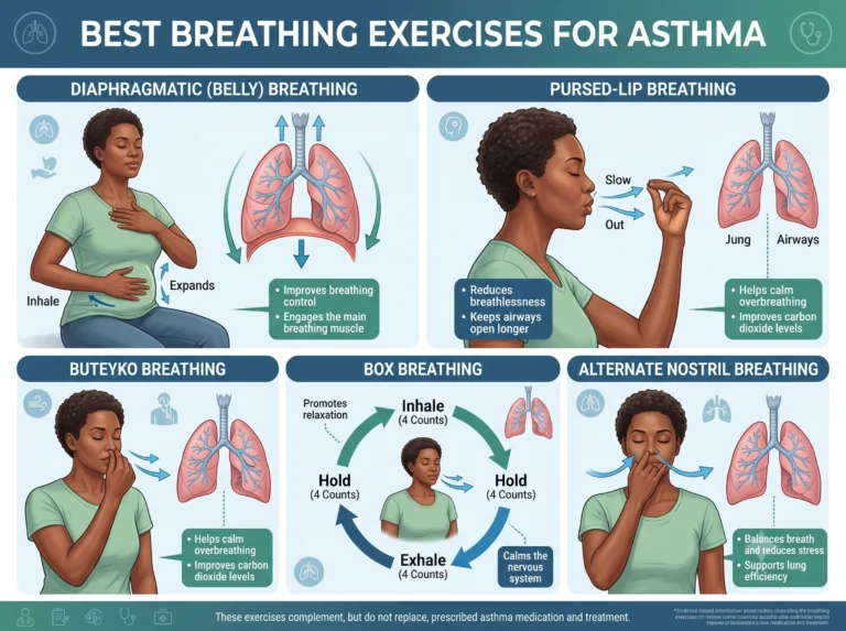 Best Breathing Exercises for Asthma: Improve Lung Function Naturally (2026 Guide) Best Breathing Exercises for Asthma infographic featuring diaphragmatic breathing, pursed-lip breathing, and alternate nostril breathing techniques to improve lung function and breathing control naturally.