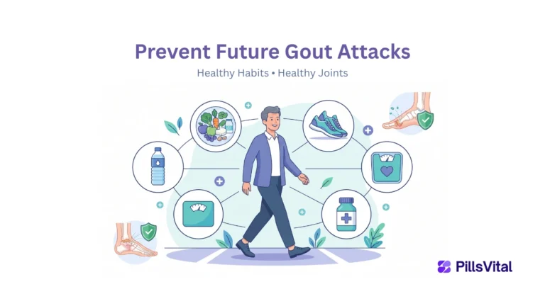 Can You Prevent Future Gout Attacks? Everything You Need to Know Flat vector illustration showing healthy lifestyle habits including hydration, healthy diet, exercise, weight management, and medication to help prevent future gout attacks.