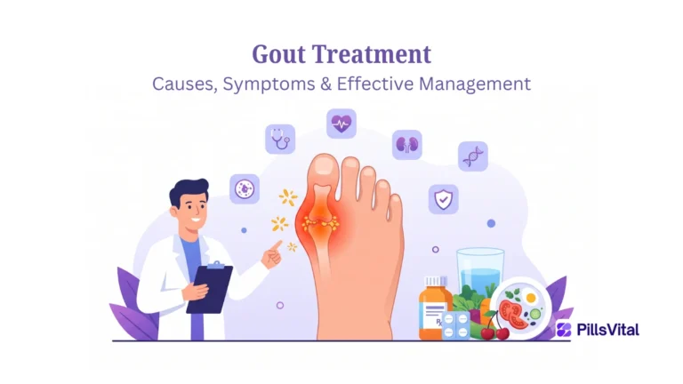 What Is Gout? Causes, Symptoms & Treatment: A Complete Guide to Managing Gout Naturally and Medically (2026) Flat vector illustration showing gout treatment with an inflamed big toe joint, uric acid crystals, doctor consultation, medication, hydration, and healthy lifestyle icons.