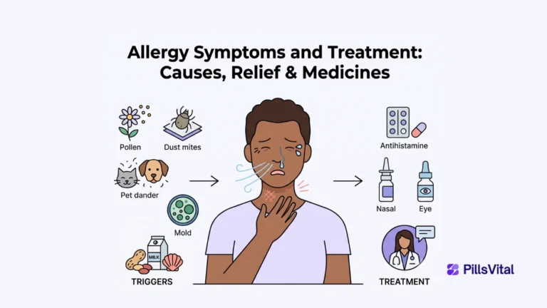 Allergy symptoms and treatment illustrated with common triggers, symptoms, and medicine options