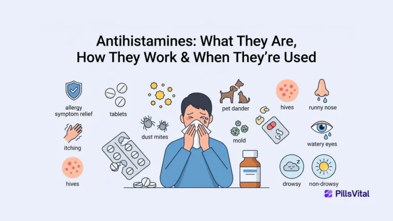 Flat vector illustration explaining antihistamines, how they work, common allergy uses, allergy symptoms, and drowsy versus non-drowsy antihistamine options.