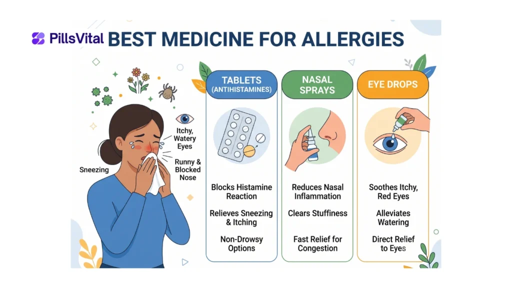 Best medicine for allergies showing antihistamine tablets, nasal spray, and allergy treatment options