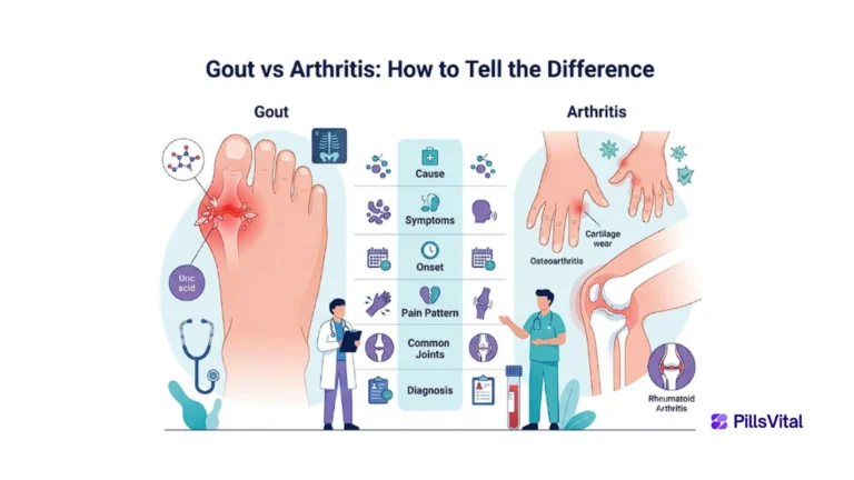 Gout vs Arthritis: 7 Shocking Differences Doctors Wish You Knew Sooner Flat vector illustration comparing gout, osteoarthritis, and rheumatoid arthritis, highlighting differences in causes, symptoms, affected joints, pain patterns, and diagnosis methods.