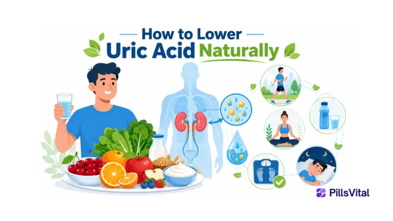 image showing how to lower uric acid naturally through hydration, healthy foods, kidney health, exercise, sleep, and weight management.