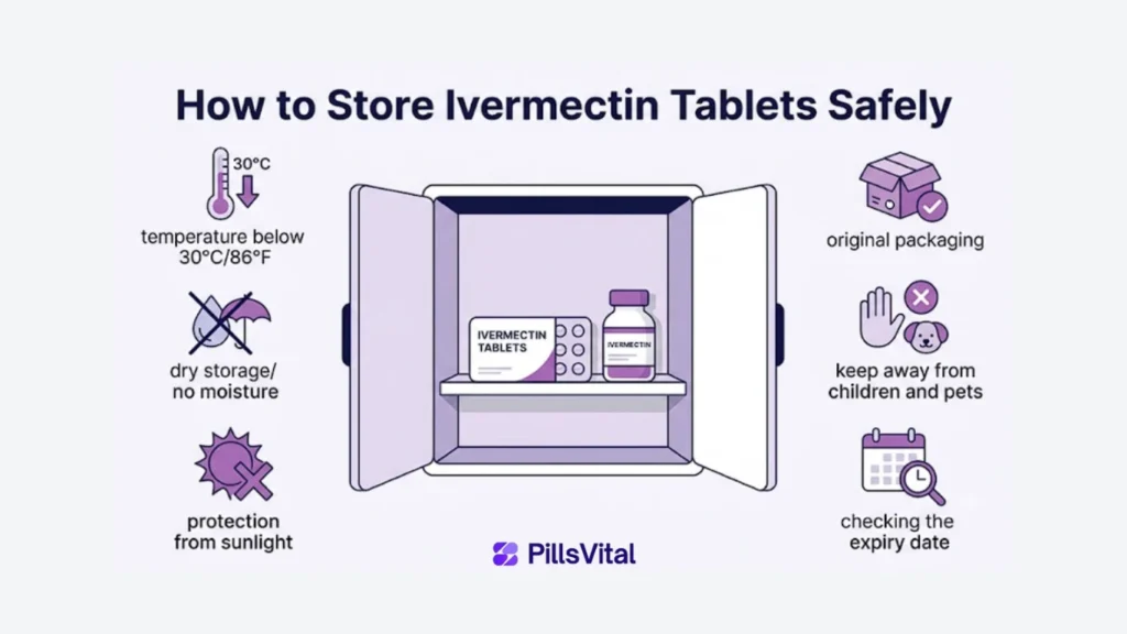 How to Store Ivermectin Tablets Safely (2026): 12 Storage Rules, Temperature, Shelf Life & Expiry Guide Flat vector illustration showing how to store ivermectin tablets safely