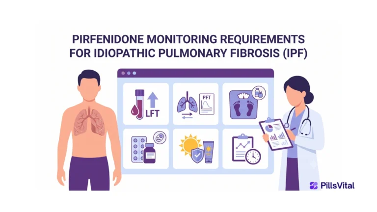 Flat vector illustration showing pirfenidone monitoring requirements for idiopathic pulmonary fibrosis including liver tests, lung function, weight, side effects and doctor follow-up.