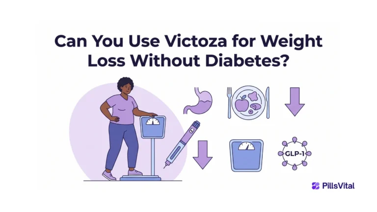 Flat vector illustration explaining Victoza for weight loss without diabetes, showing an adult standing beside a weighing scale, a liraglutide injection pen, healthy food, appetite control and weight reduction icons, with the title “Can You Use Victoza for Weight Loss Without Diabetes?”