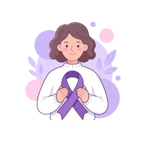 Woman holding a cancer awareness ribbon in a flat vector illustration