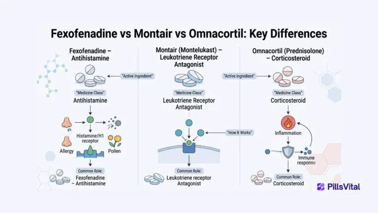 Fexofenadine vs Montair vs Omnacortil comparison showing their key differences